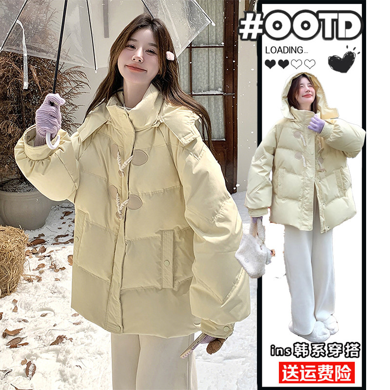 特大码女装黄色连帽牛角扣棉服