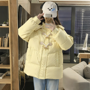 特大码 胖mm牛角扣棉服女连帽加厚保暖宽松显瘦面包服棉衣外套 女装