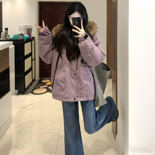 宽松连帽保暖加厚外套 胖mm韩系紫色毛领派克棉服女冬季 特大码 女装