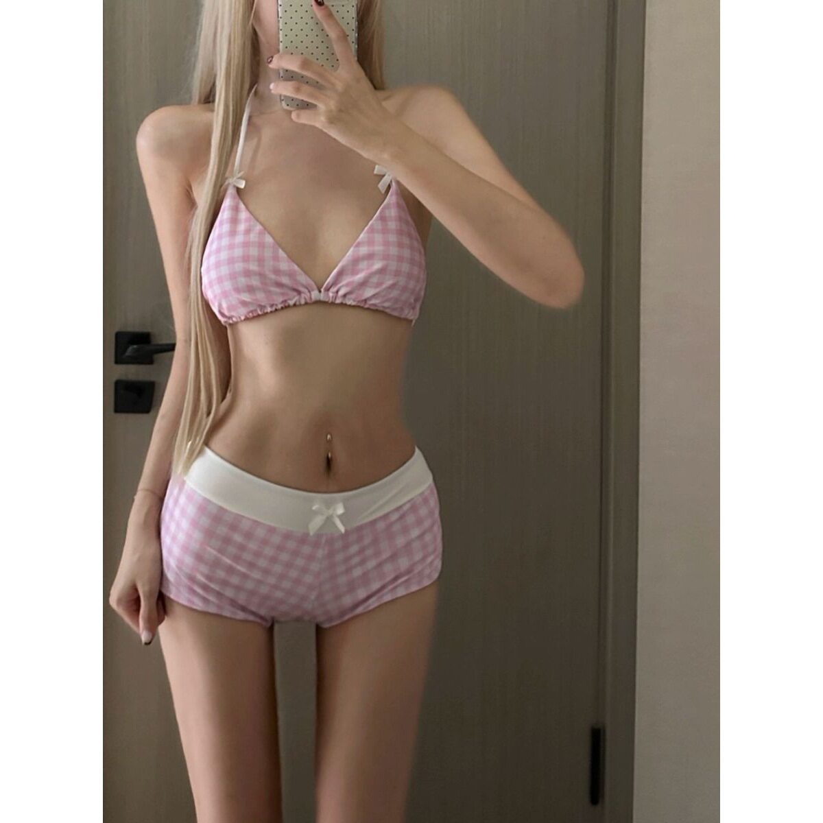 甜美少女比基尼平角泳衣度假粉色比基尼