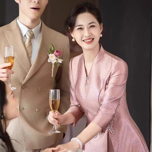 旗袍大码 高端轻奢长袖 订婚妈妈装 高贵年轻喜婆婆婚宴礼服2026新款