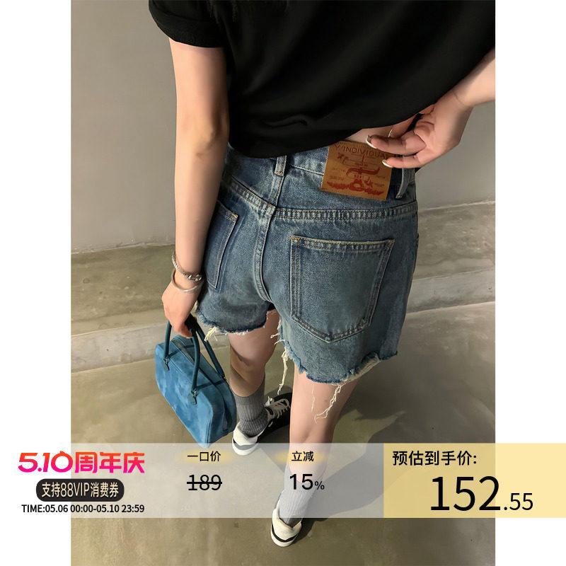 区区欧阳水洗毛边牛仔短裤女夏季高腰显瘦牛仔裤辣妹热裤复古裤子