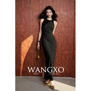 WANGXO丨定制弹力亮丝流苏方格丨圆领削肩修身显瘦气质收腰洋装