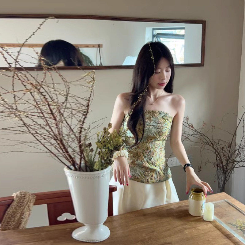 新中式国风抹胸吊带小背心女夏外穿高级感绝美一字肩辣妹无袖上衣