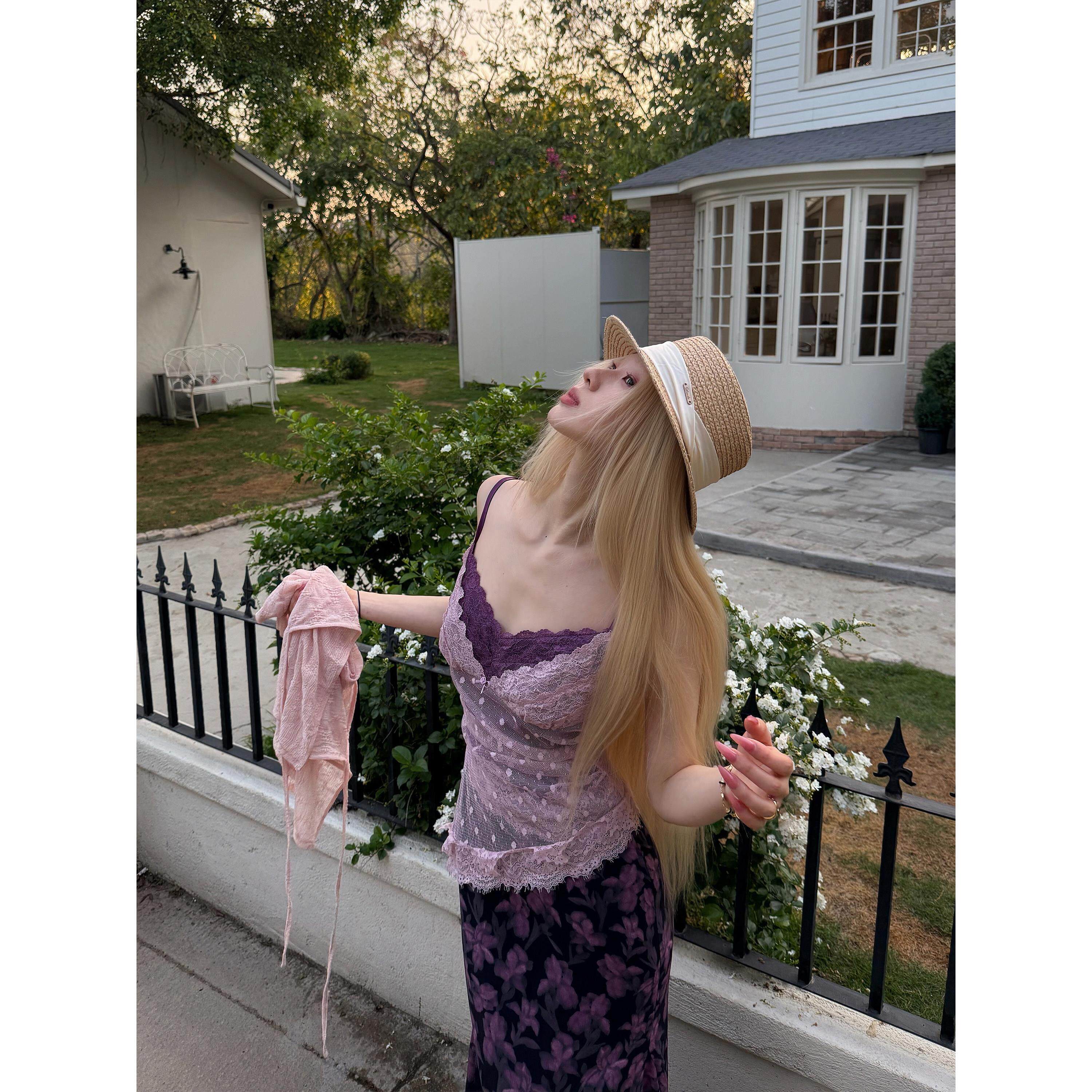 NSSY溺水三鱼辣妹碎花包臀紫色连衣裙女春夏海边度假掐腰吊带长裙