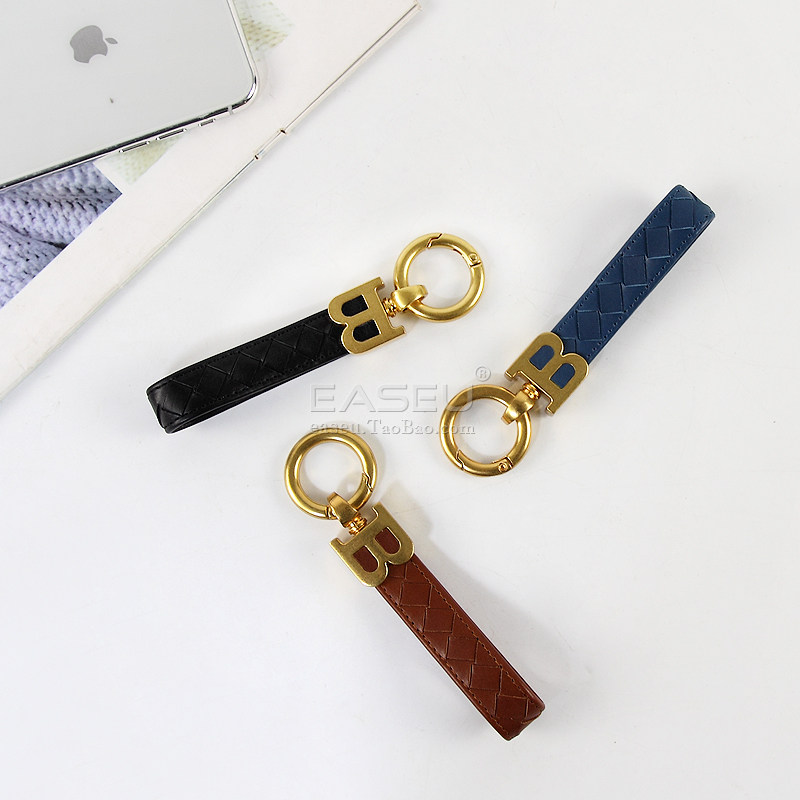 Easeu新款真皮牛皮编织钥匙扣 情侣日韩版汽车钥古铜扣匙环挂件