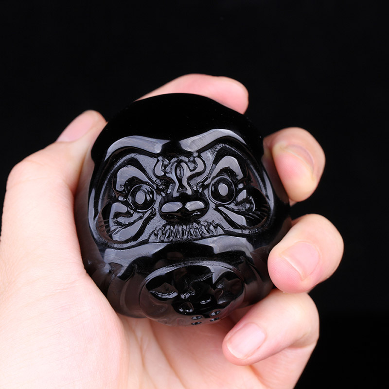 天然黑曜石达摩雕刻件手把件