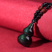 天然黑曜石小葫芦项链 水晶原石吊坠彩虹眼金曜石 招财转运钥匙扣