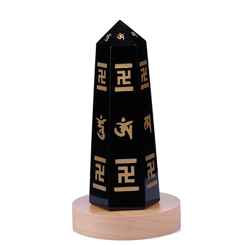 天然黑曜石六字真言能量柱摆件