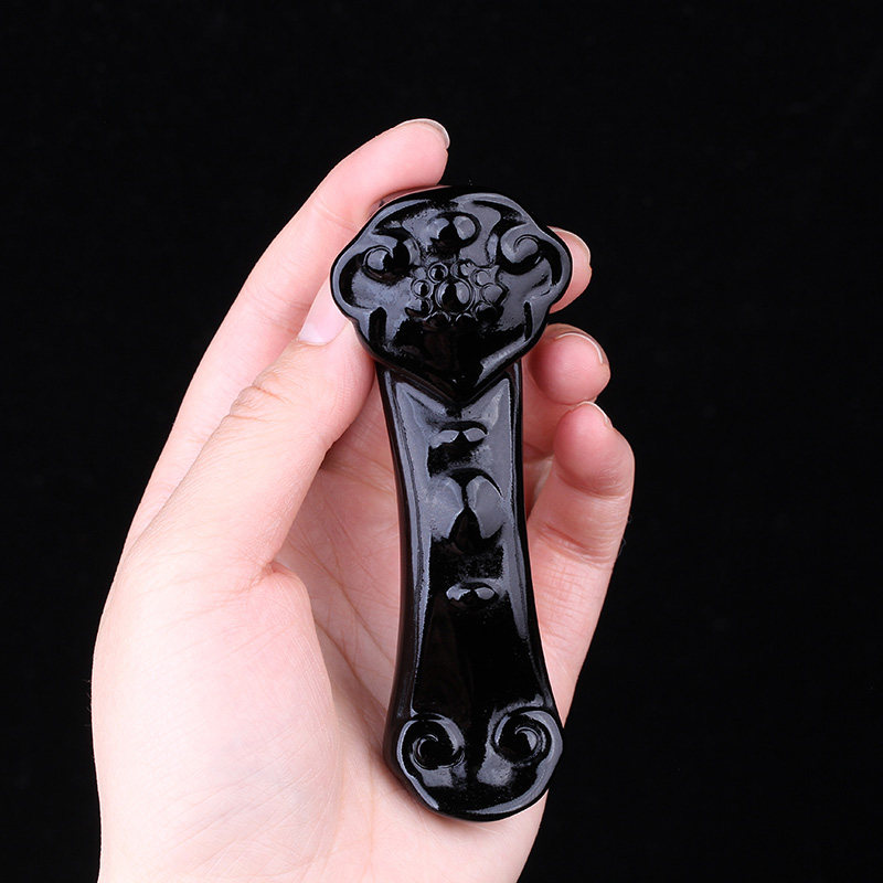 天然黑曜石如意手把件招财摆件