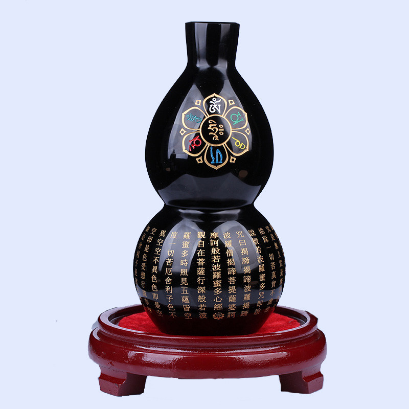 天然黑曜石大葫芦摆件烫金心经