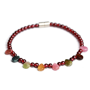 新品天然酒红石榴石小手链女碧玺水滴单圈小珠手串水晶手饰品礼物