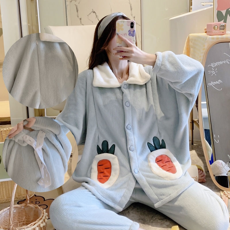秋冬款法兰绒孕妇套装产后月子服10月份11冬天加厚珊瑚绒哺乳睡衣