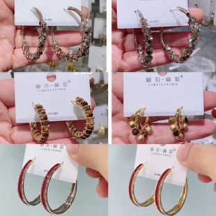 丽银耳饰丽贝丽影新款耳环银针气质时尚百搭红色滴油耳圈耳环女