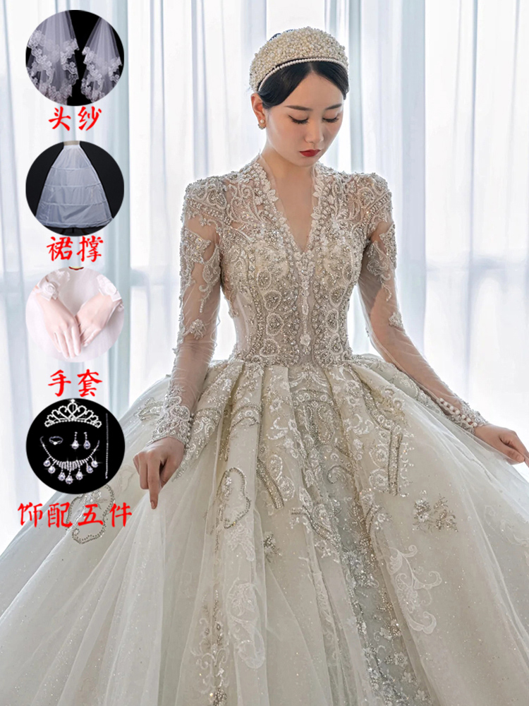  Qiti wedding dress+veil gloves support skirt+jewelry+S  