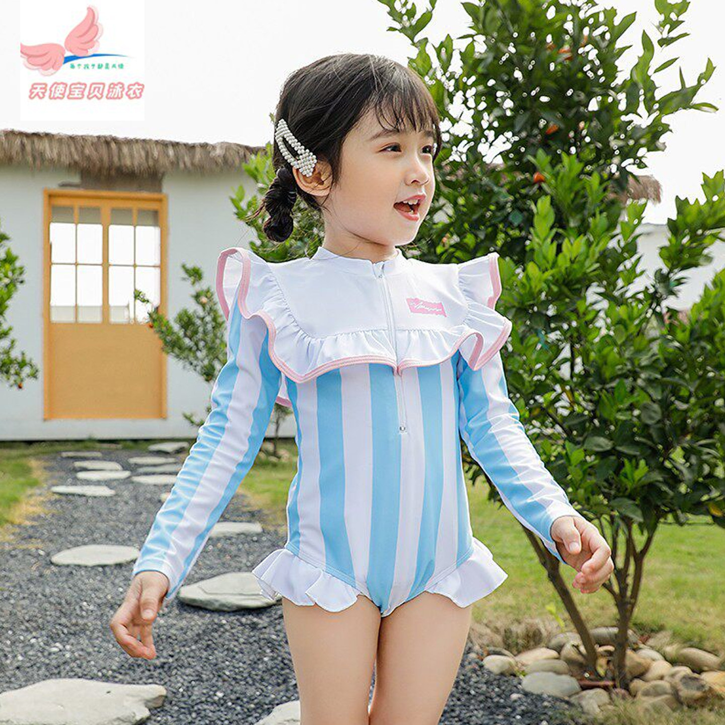 女童游泳衣条纹长袖防晒洋气学生可爱速干女宝宝网红儿童女孩泳装