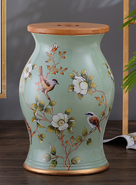 新品花鸟竹木陶瓷鼓凳美式家居工艺梳妆凳换鞋凳家居装饰摆件储物