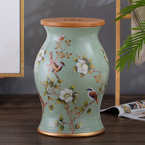 新品花鸟竹木工艺装饰储物鼓凳