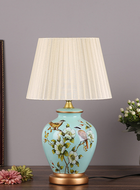 卧室床头灯客厅书房新中式美式乡村欧式田园布艺温馨暖光陶瓷台灯