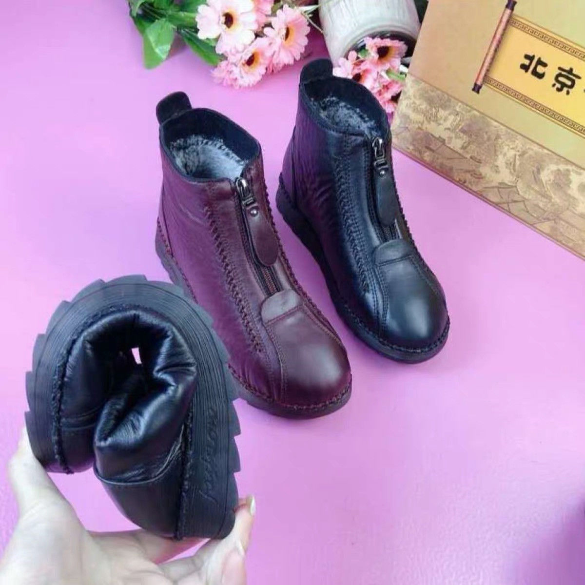 冬季新款平底牛筋底保暖濑兔毛靴