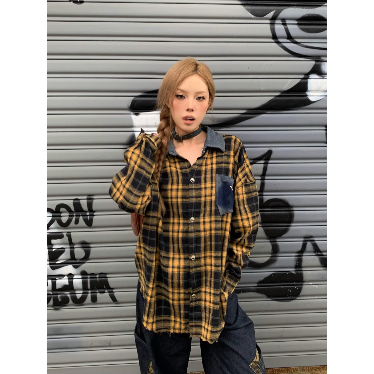 美式牛仔拼接撞色格子衬衫外套女春秋季小众设计感长袖上衣