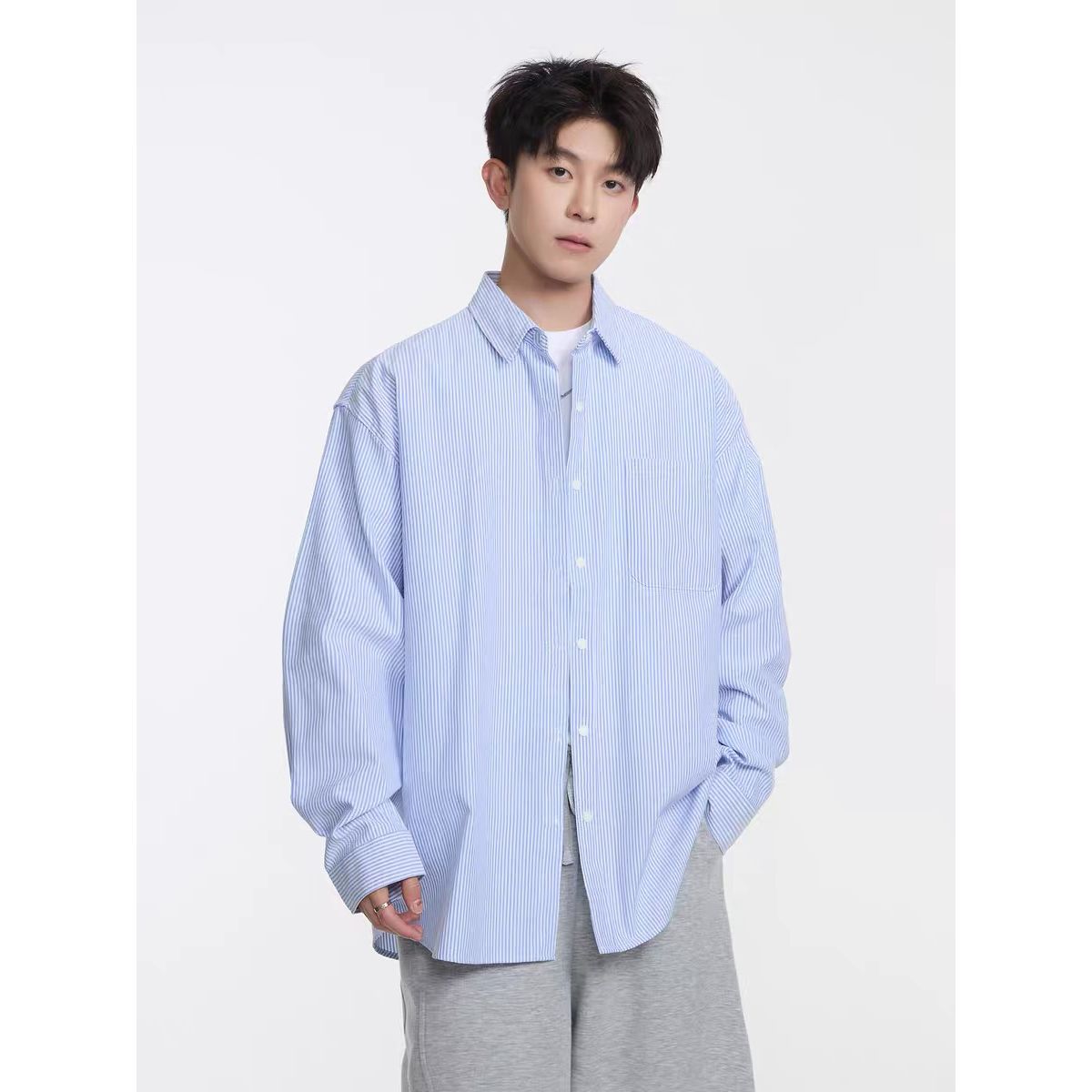 网络图CS367#条纹防晒长袖衬衫蓝色原版高质量M-3XL
