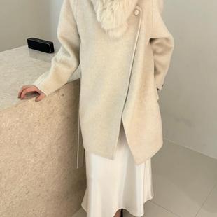 [何仙儿专属]秀色楚楚新款羊毛大衣带毛领不规则气质贵气感