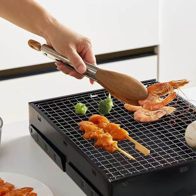 不锈钢食物夹9寸12寸烧烤夹烹饪夹烤肉夹梅花头胡桃木制厨房食品