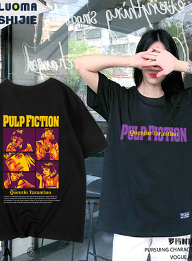 昆汀Pulp Fiction低估小说网红t恤男短袖 黑色追缉令t恤男ins潮流