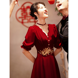 敬酒服新娘2023新款酒红色平时可穿中式v领夏季回门服答谢宴礼服
