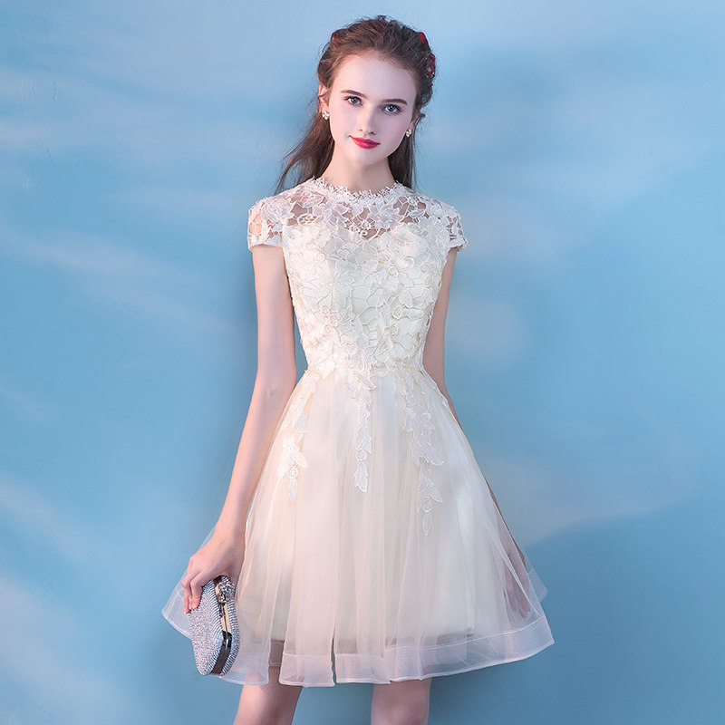 晚礼服韩版短袖2021春季新款伴娘服敬酒宴会服修身年会连衣裙女