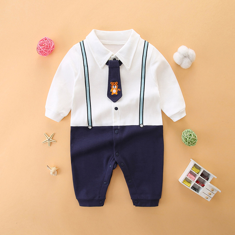 婴儿衣服秋装男宝宝学院风连体衣小清新假两件哈衣英伦风周岁礼服