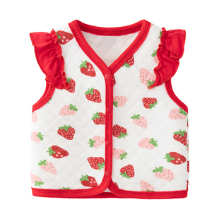 新生儿可爱草莓飞飞袖婴幼儿马甲秋冬保暖夹棉开衫纯棉背心坎肩