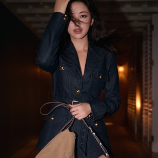 朱珠同款藏蓝色牛仔西服上衣高腰直筒腰阔腿西两件套春季通勤套装
