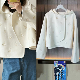 hms同款白色连帽长袖双面羊绒大衣短款女高级感过年羊毛呢子感冬