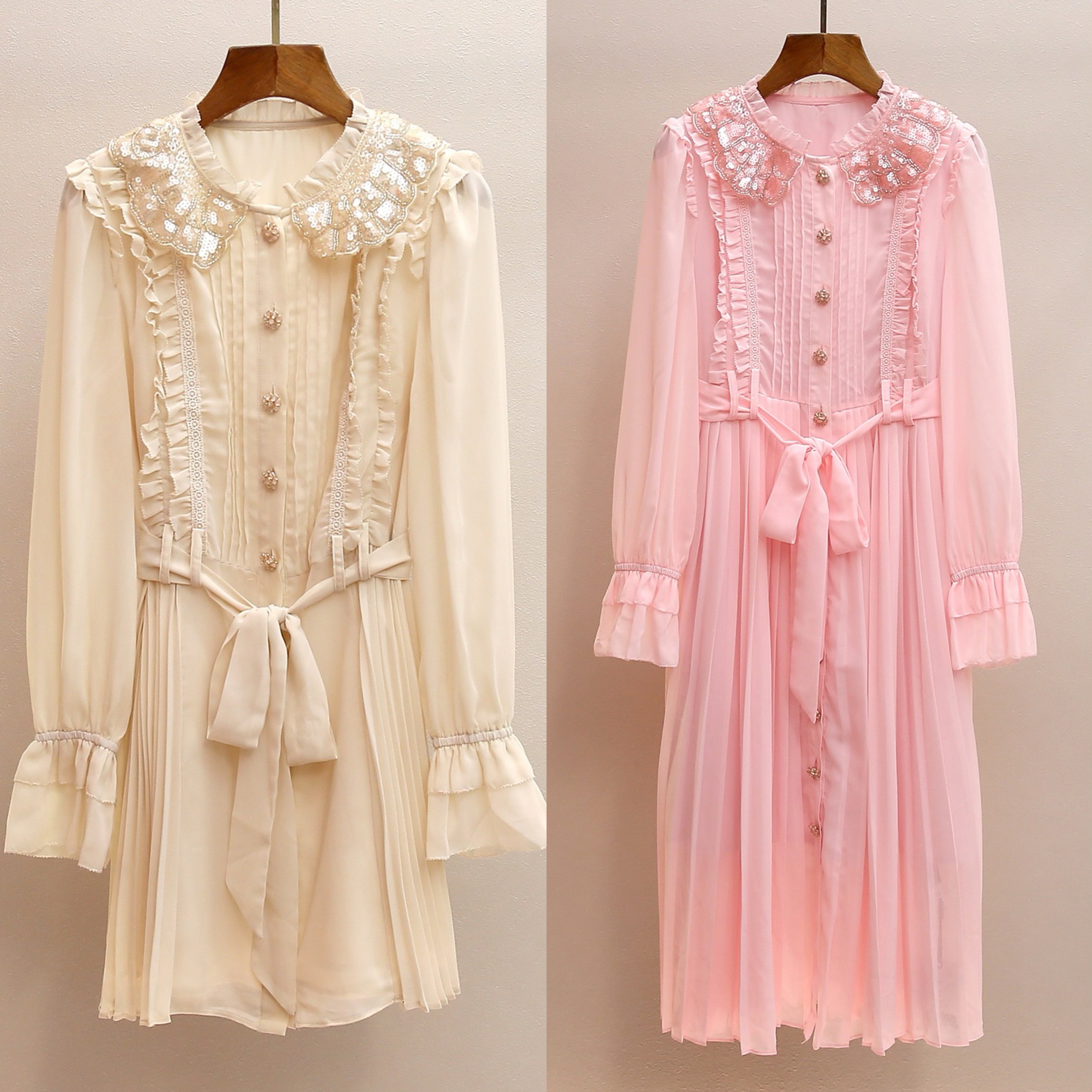 SP家香槟色娃娃领轻熟风压褶拼接钉珠收腰雪纺长袖连衣裙春秋长裙