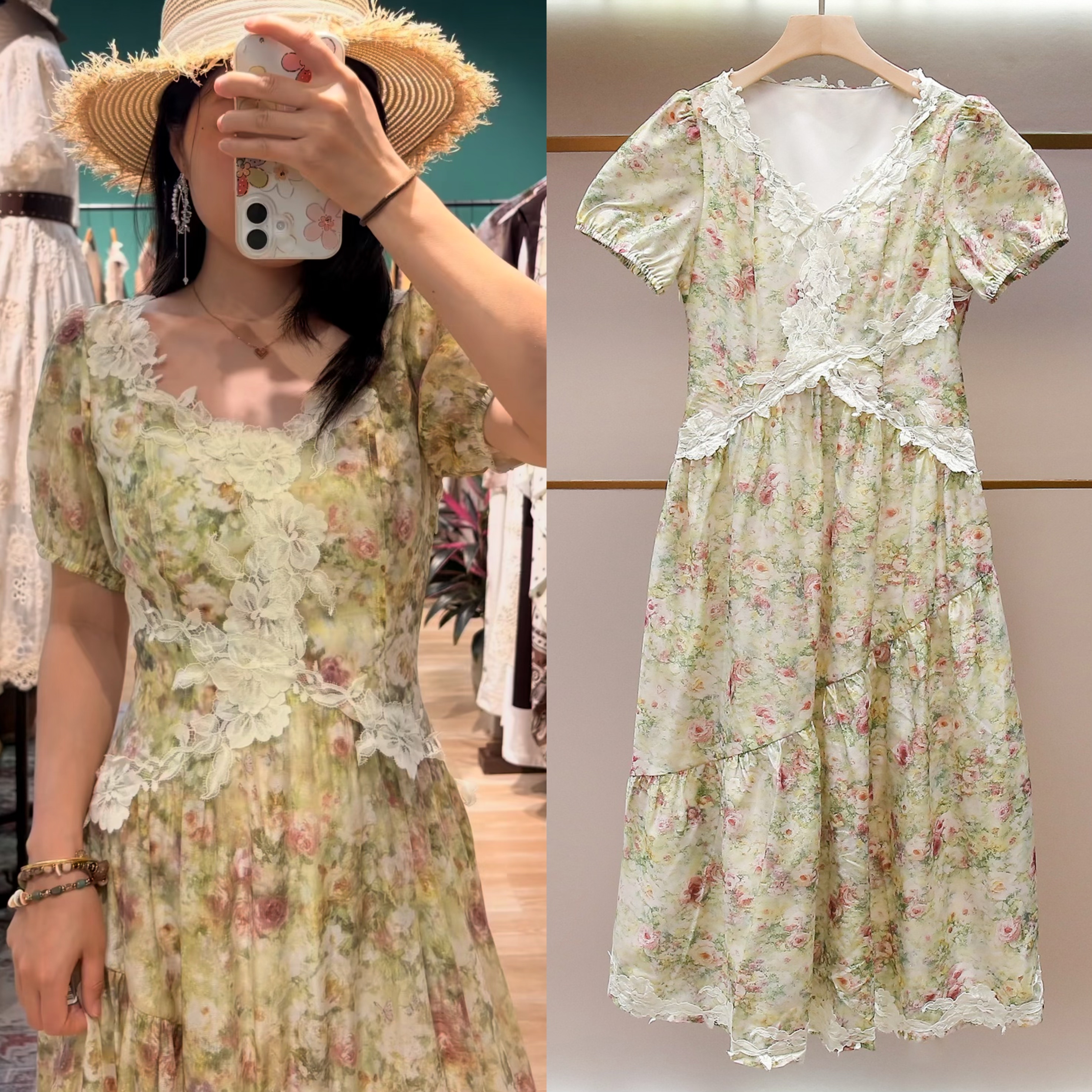 小清新田园风复古碎花蕾丝拼接短袖连衣裙女淑女甜美收腰印花中裙