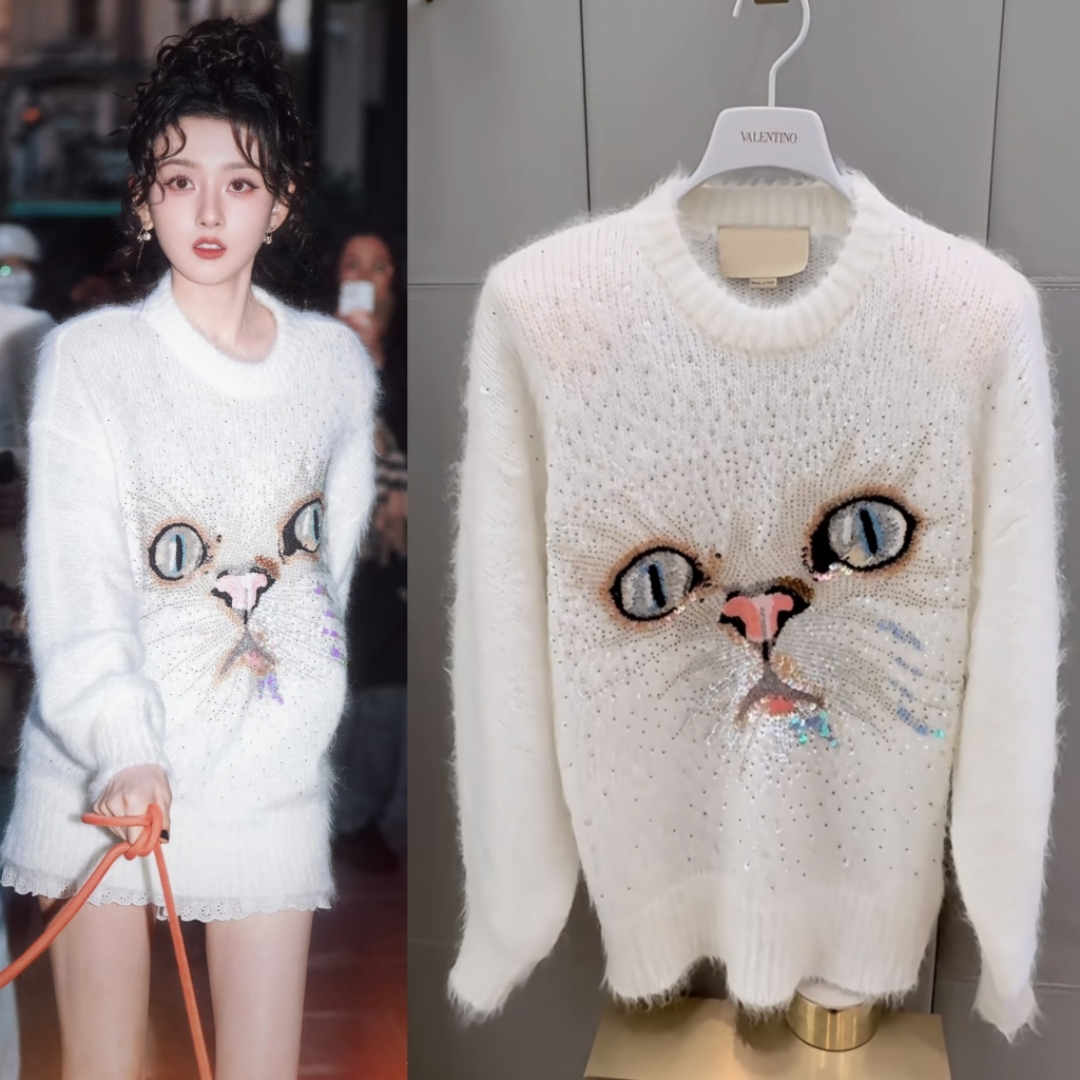 宋祖儿同款白色猫咪珠片马海毛刺绣宽松羊绒毛衣女秋冬中长套头衫