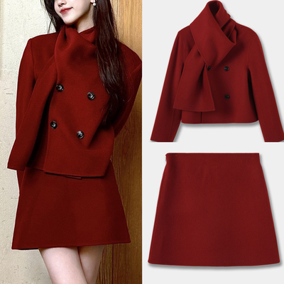 SW圣诞红绵羊毛围巾领短款双面呢大衣a字半裙两件套女过年套裙春