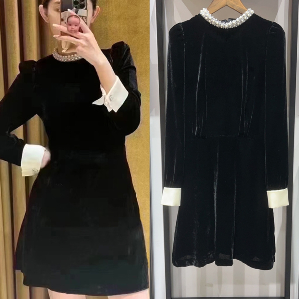 赵今麦同款黑色金丝绒长袖连衣裙