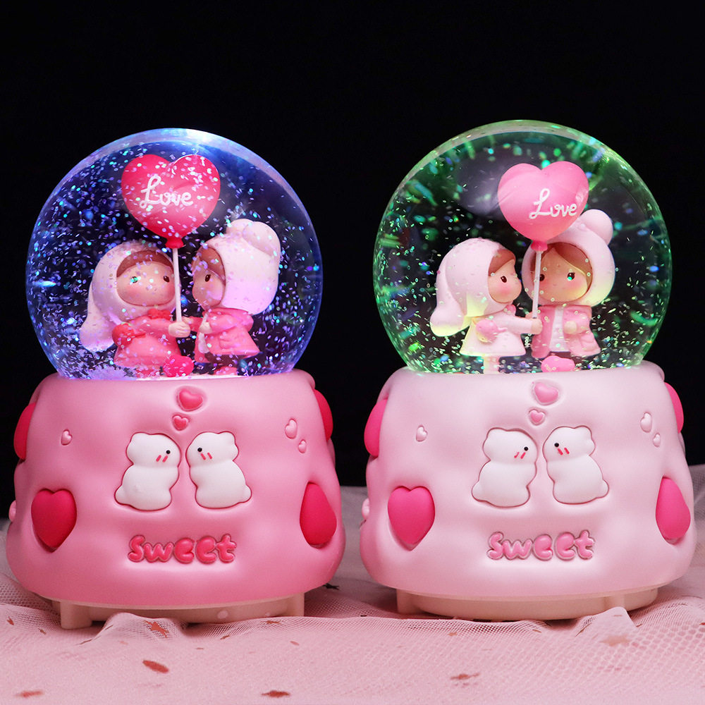 心心相印水晶球音乐盒情人节兔子八音盒桌面树脂装饰摆件生日礼物