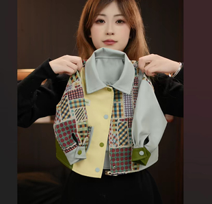 外套 春秋翻领拼色长袖 2026新款 撞色拼接皮衣外套韩版