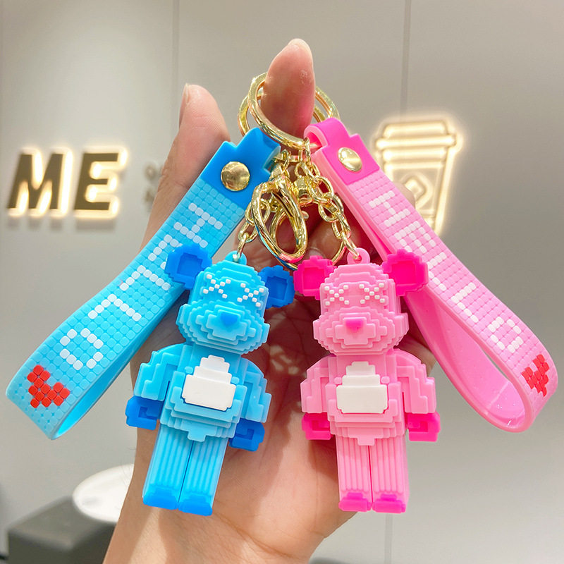 新款创意积木款钥匙挂件可爱卡通熊滴胶PVC钥匙扣小礼品挂饰