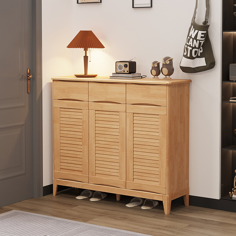 北欧极简实木百叶窗鞋柜一体靠墙