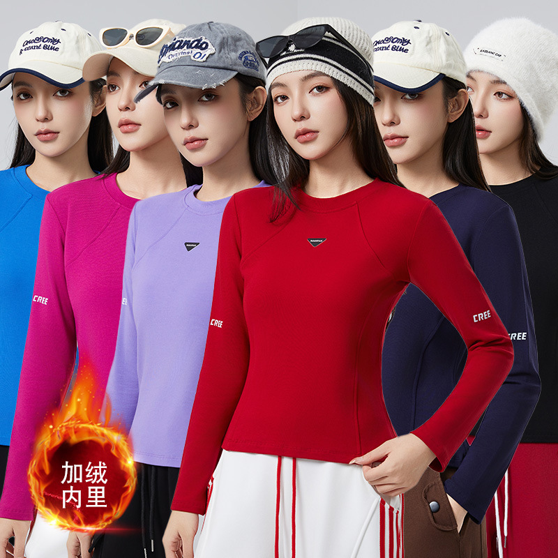 热销新款胸前三角标高弹力修身长袖套头加绒打底衫上衣-YM2555