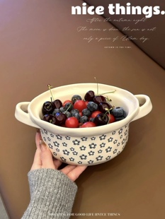 四时有梨 蓝朵朵汤碗双耳碗家用陶瓷碗高颜值餐具大汤碗