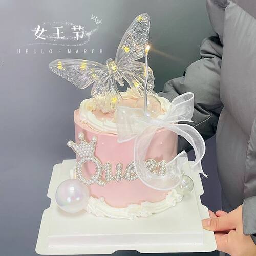 3.8女神节唯美蝴蝶灯蛋糕装饰插件珍珠钻queen女王节烘焙装扮配件
