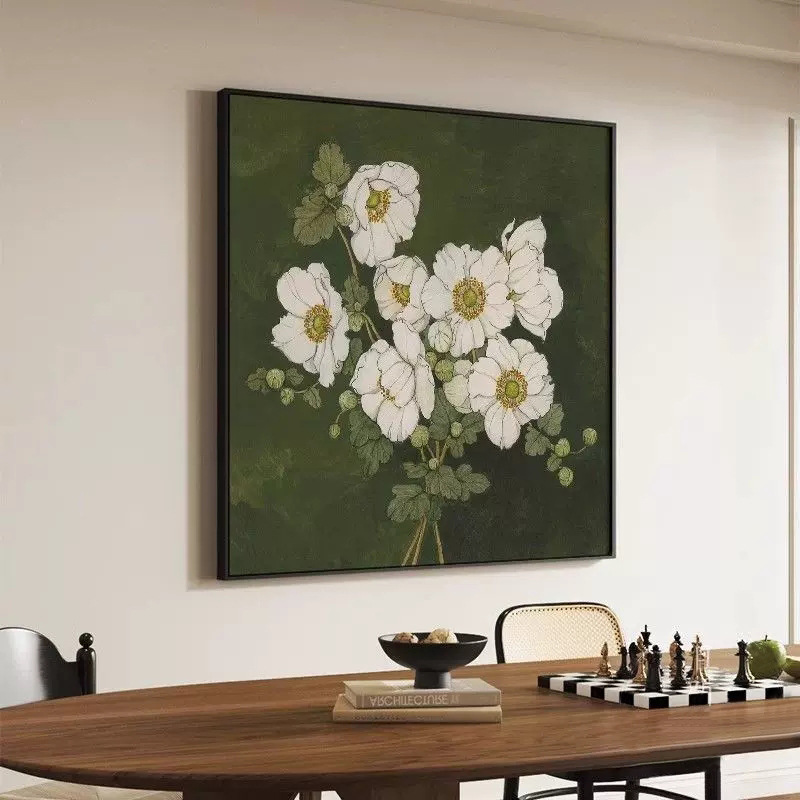 新中式餐厅装饰画花卉客厅沙发背景墙挂画卧室花卉壁画绿肌理画图片