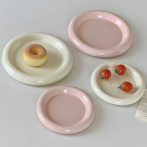 ins风餐具胖嘟嘟盘子家用高级感纯粉色甜品盘咖啡店意面盘早餐盘