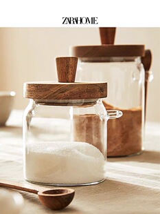 特价清仓/ZaraHome玻璃调料罐密封储存罐厨房带勺木质盐糖罐家用